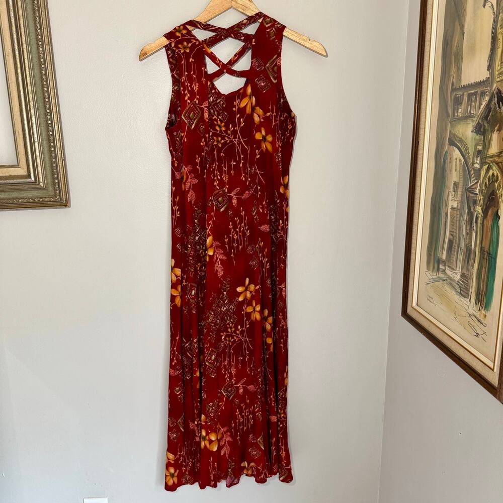 Vintage 90s Dawn Joy Fashions Floral Maxi Dress Criss Cross Back Size 5/6 Red - Picture 2 of 8